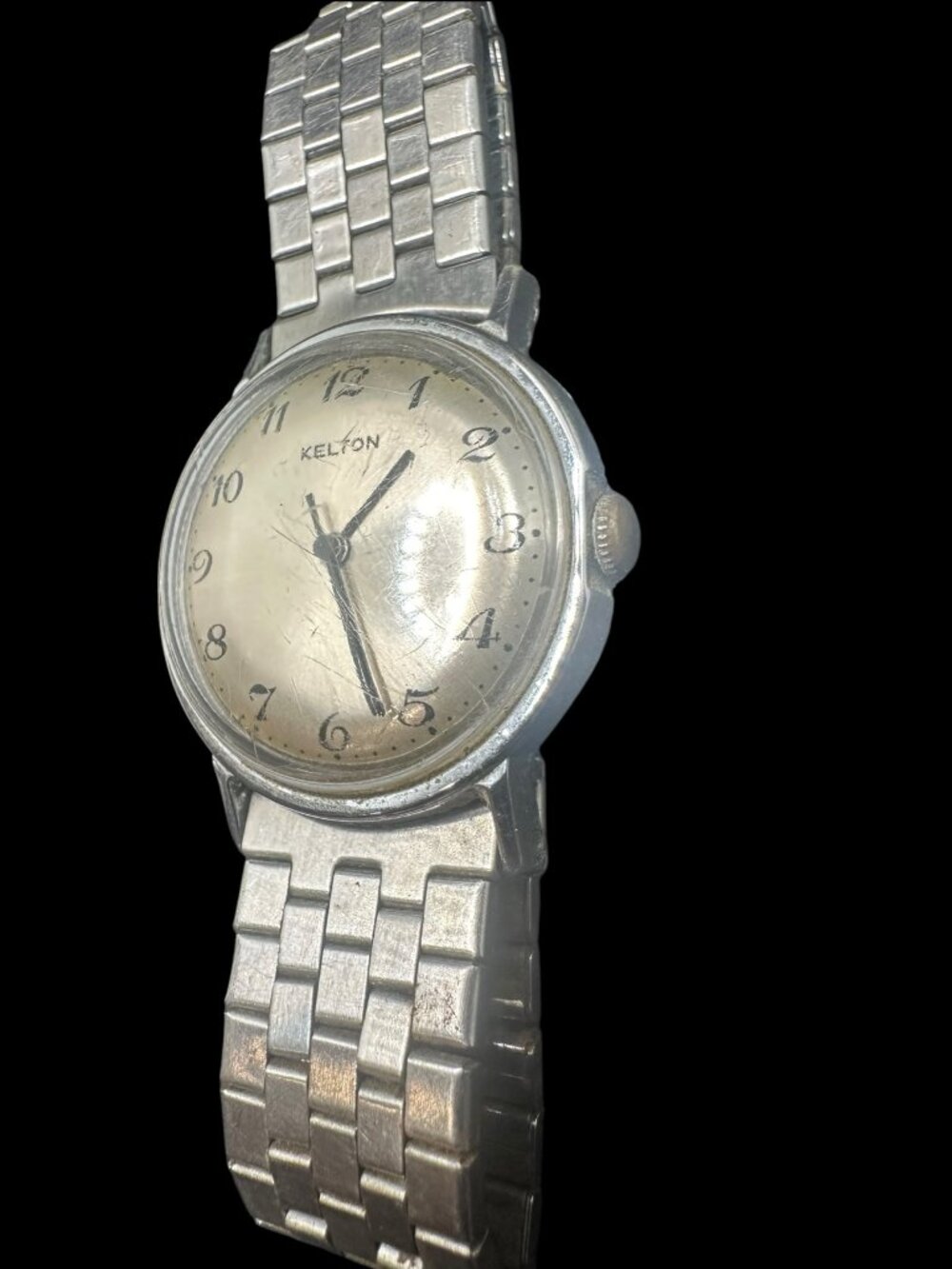 Vintage Kelton Silver Tone Watch Deco Numerals Metal Bracelet